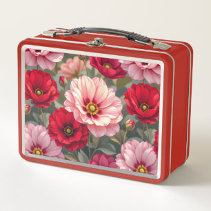 Pink, red and mauve flowers metal lunch box
