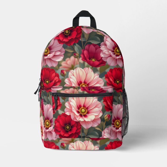 Pink, red and mauve flowers  printed backpack (Front)