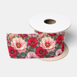 Pink, red and mauve flowers satin ribbon