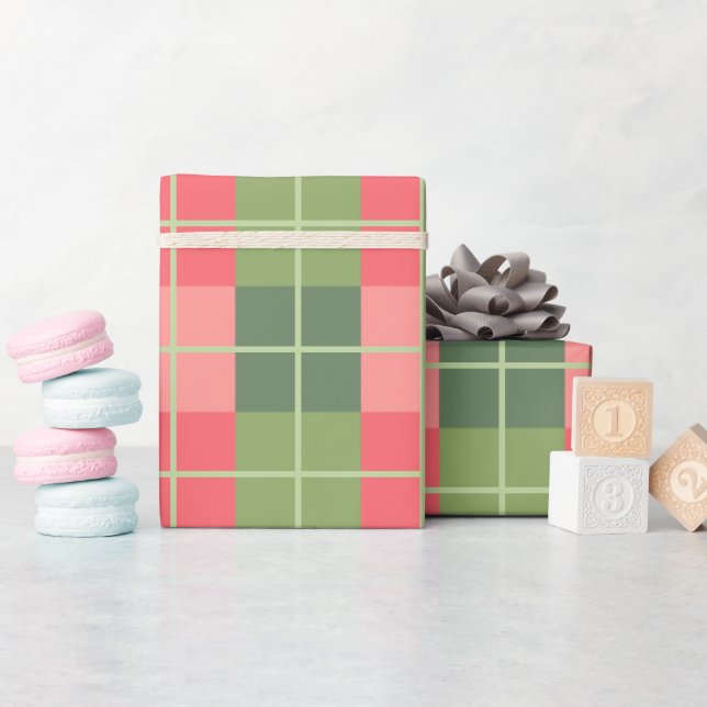 Pink Red and Sage Green Squares Wrapping Paper (Baby Shower)