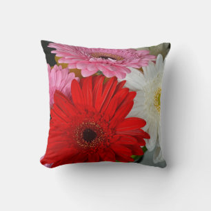 Pink, red and white gerber flowers throw pillow