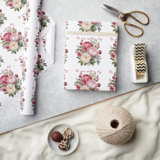 Pink, Red and White Peonies Wedding Bouquet Wrapping Paper (Crafts)