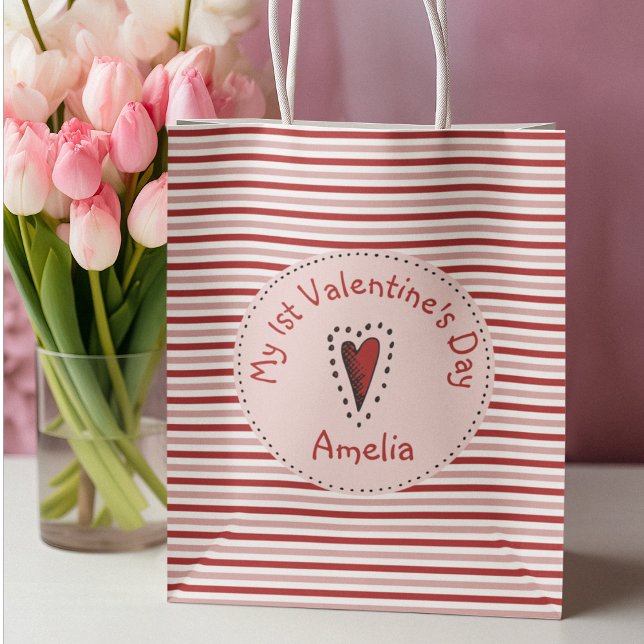 Pink Red and White Stripes Babys First Valentine Small Gift Bag (Cute Baby's First Valentine's Day Gift Bag. Editable Text. Modern Pink and Red Stripes Pattern.)