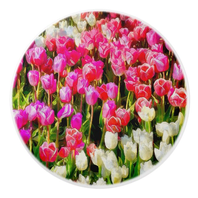Pink Red and White Tulips from Mt Vernon Ceramic Knob (Front)