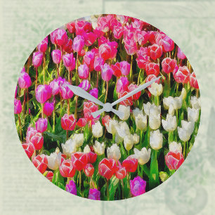 Pink Red and White Tulips from Mt Vernon Large Clock