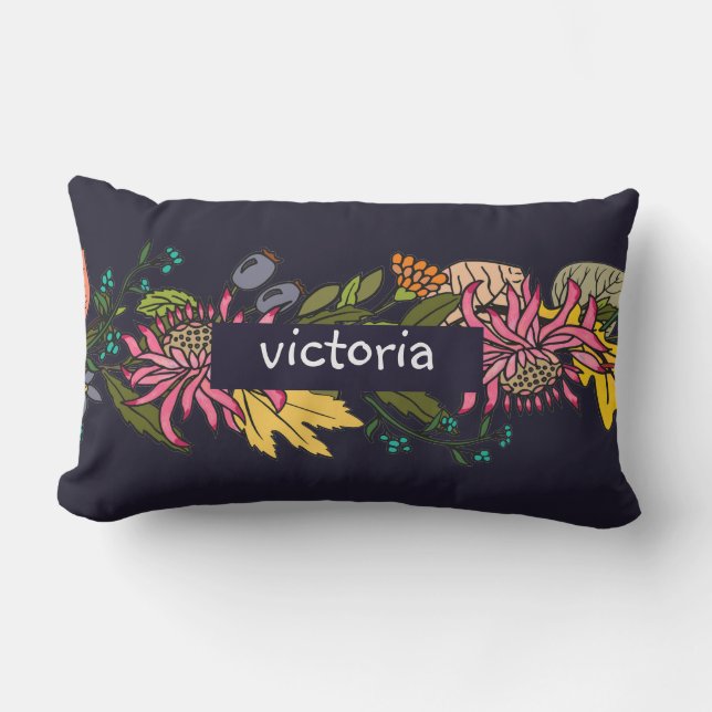 Pink red and yellow aster flower chalkboard lumbar cushion (Front)