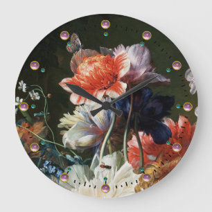 PINK RED ANEMONES WHITE FLOWERS,BUTTERFLY IN BLACK LARGE CLOCK