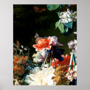 PINK RED ANEMONES WHITE FLOWERS,BUTTERFLY IN BLACK POSTER