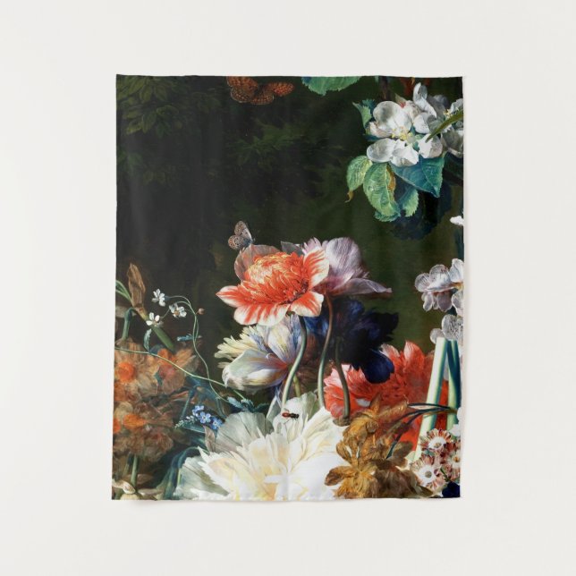 PINK RED ANEMONES WHITE FLOWERS,BUTTERFLY IN BLACK TAPESTRY (Front)