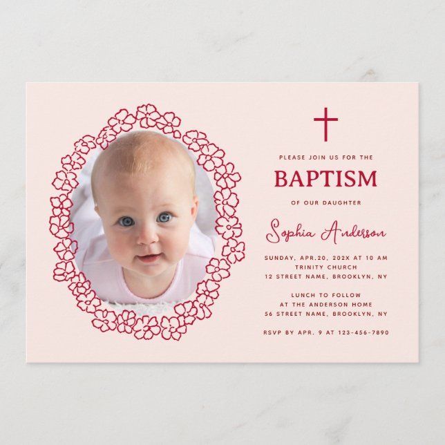 Pink Red Baptism with Girl Photo in Floral Wreath Invitation (Front)