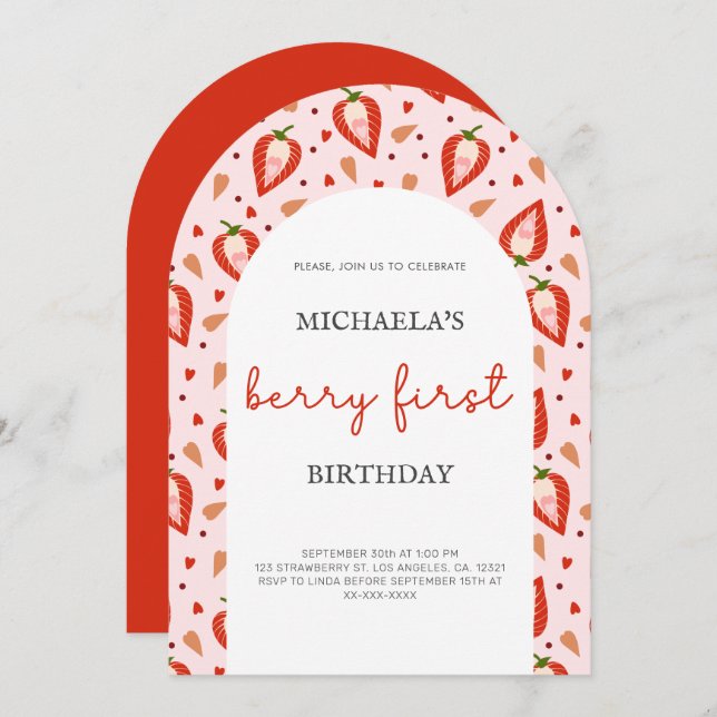 Pink Red Berry First Birthday Arch Invitation (Front/Back)