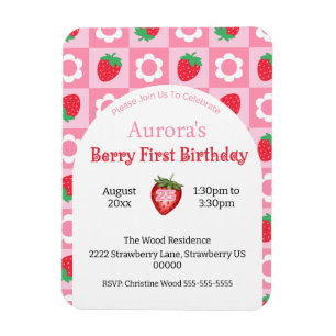 Pink & Red Berry First Birthday Party Invitation Magnet