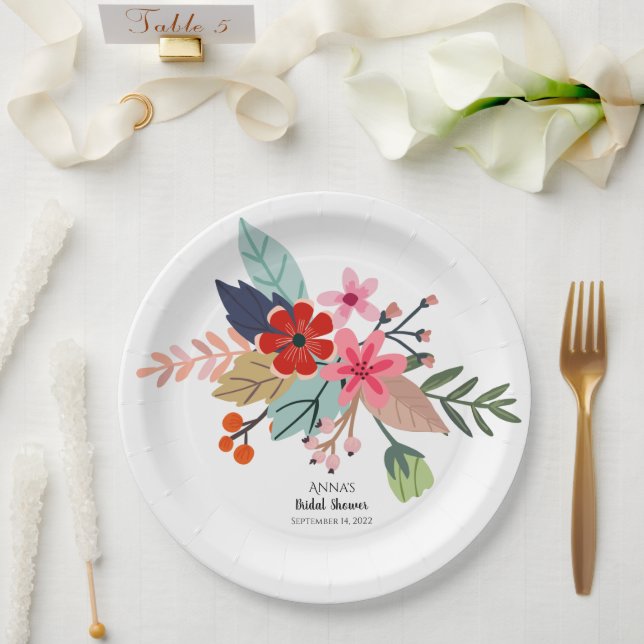 Pink red blue large bouquet summer flowers paper plate (Wedding)