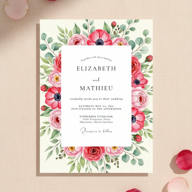 Pink Red Botanical Spring Wedding Invitation (Creator Uploaded)