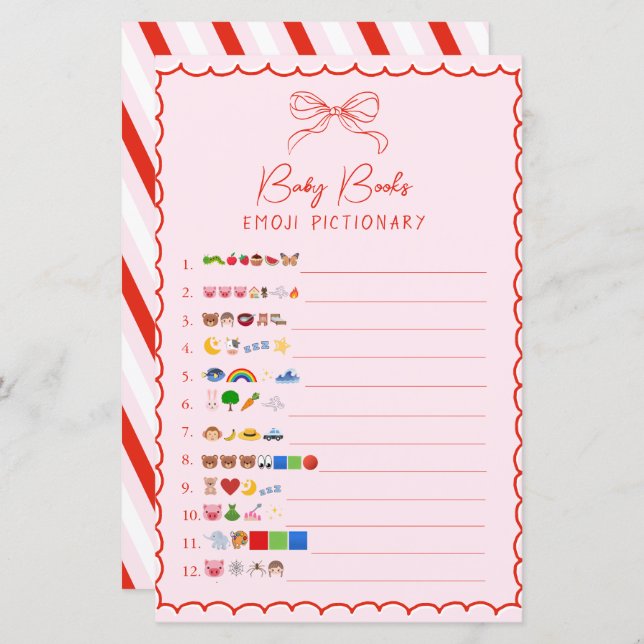 Pink & Red Bow Baby Books Emoji Pictionary Game (Front/Back)