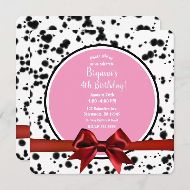 Pink Red Bow Black Dalmatian Spots Birthday Party Invitation (Front/Back)