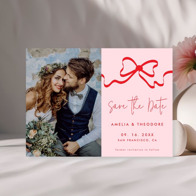 Pink Red Bow Modern Photo Wedding Save The Date (Creator Uploaded)
