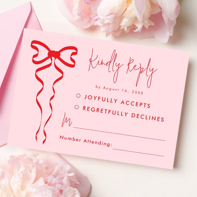 Pink Red Bow Modern Wedding RSVP Card (Creator Uploaded)
