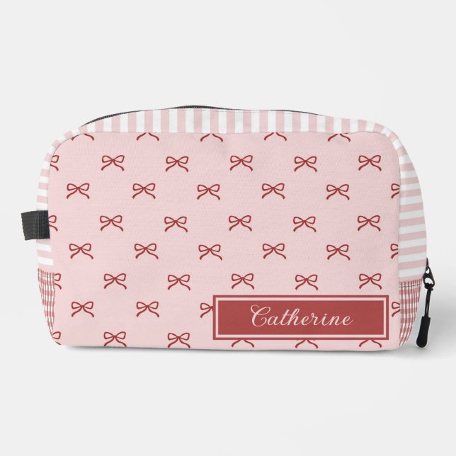 Pink & Red Bow Pattern Gingham Coquette Cosmetic  Dopp Kit (Front)