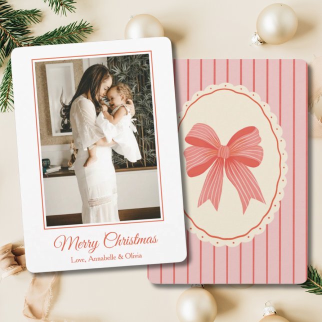 Pink & Red Bow Preppy Coquette Single Girl Mum Holiday Card (Pink and Red Bow Preppy Single Mom Christmas Card
)