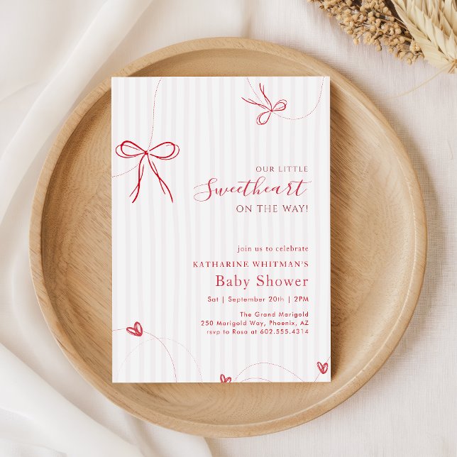 Pink Red Bow Script Little Sweetheart Baby Shower Invitation (Creator Uploaded)