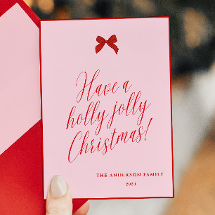 Pink Red Bow Simple Typography Holiday Card