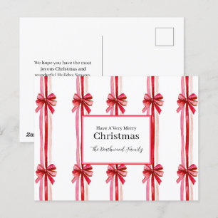 Pink Red Bows Christmas Holiday Postcard