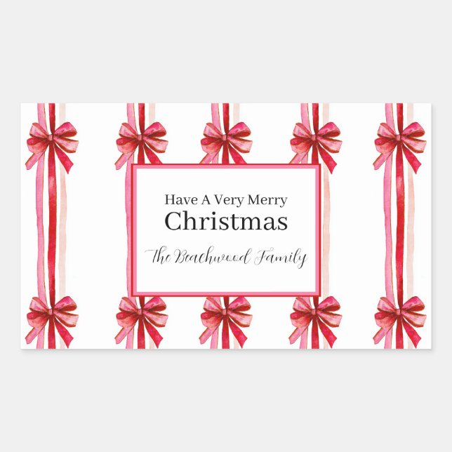 Pink Red Bows Christmas Rectangular Sticker (Front)