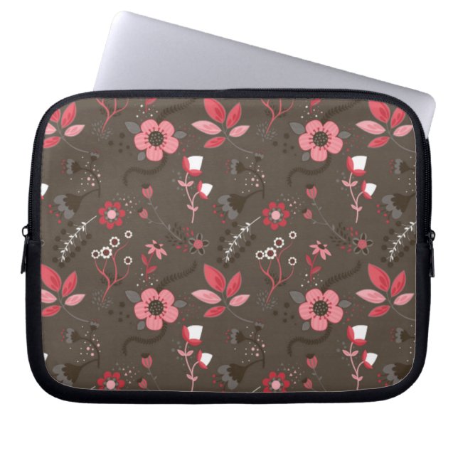 Pink Red Brown Floral Pattern Laptop Sleeve (Front)