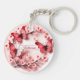 Pink Red Butterflies Cherry Blossoms Key Ring