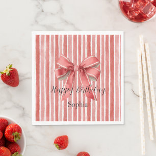 Pink Red Candy Cane Stripes Bow Birthday Napkin