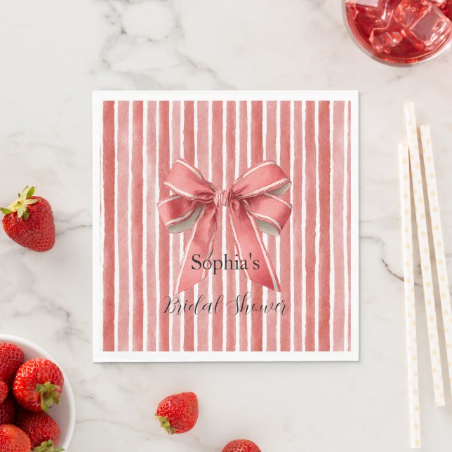 Pink Red Candy Cane Stripes Bow Bridal Shower Napkin (Insitu)