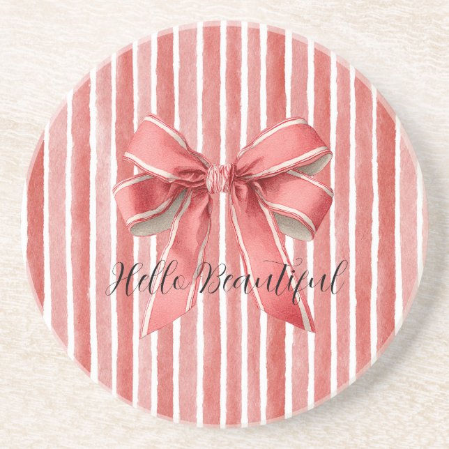 Pink Red Candy Cane Stripes Bow Coaster (Front)