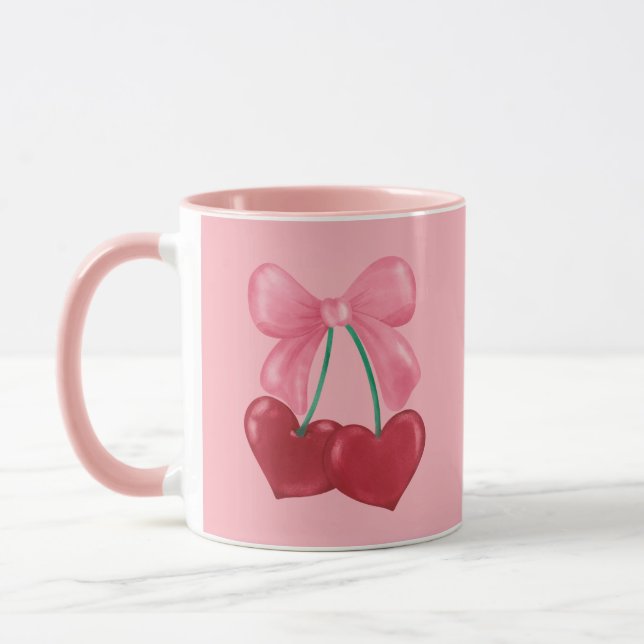 Pink Red Cerries Coquette Bow Cute Girl Mug (Left)