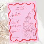 Pink Red Champagne Tower Wavy Hand Drawn Wedding Invitation<br><div class="desc">A trendy wavy border hand drawn scribble style wedding invitation following the latest trend in wedding stationary. Featuring a hand drawn champagne tower illustration.</div>