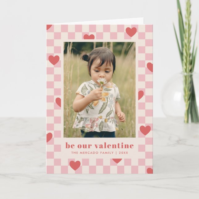 Pink Red Chequerboard Hearts Valentine's Day Card (Front)