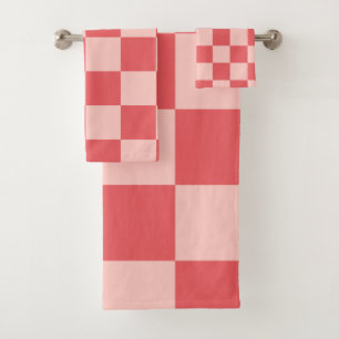 Pink Red Chequered Gingham Pattern Bath Towel Set