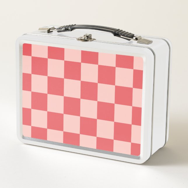 Pink Red Chequered Gingham Pattern Metal Lunch Box (Front)