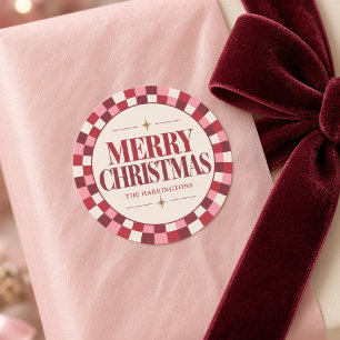 Pink & Red Chequered Merry Christmas Classic Round Sticker