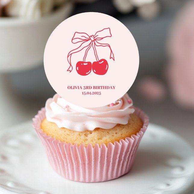 Pink & Red Cherry Birthday Classic Round Sticker (Creator Uploaded)