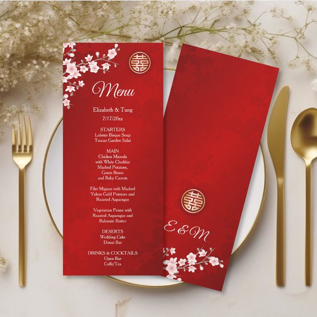 Pink Red Cherry Blossom Chinese Wedding Menu Card (Creator Uploaded)
