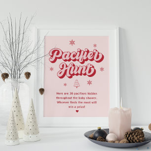 Pink Red Christmas Baby Shower Pacifier Hunt Game Poster