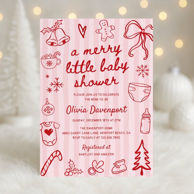 Pink Red Christmas Doodle Merry Little Baby Shower Invitation (Creator Uploaded)