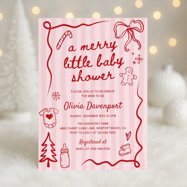 Pink Red Christmas Doodle Merry Little Baby Shower Invitation (Creator Uploaded)
