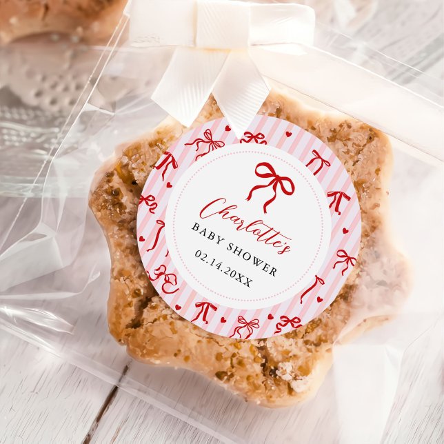 Pink Red Coquette Bow Valentine Baby Shower Classic Round Sticker (Creator Uploaded)