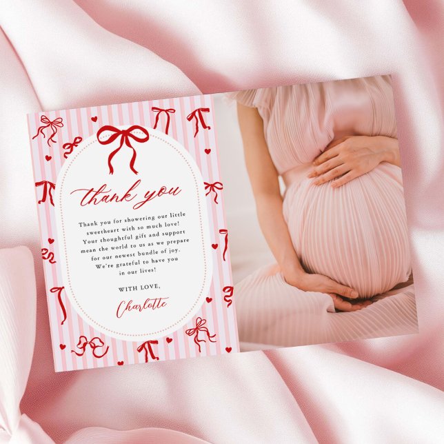 Pink Red Coquette Bow Valentine Baby Shower Photo Thank You Card (Creator Uploaded)