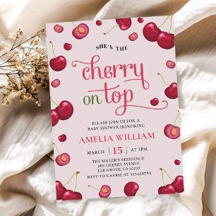 Pink red Coquette Cherry on Top Baby Shower Invitation