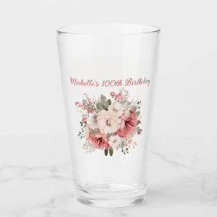 Pink Red Cream Watercolor Floral 100th Birthday Glass