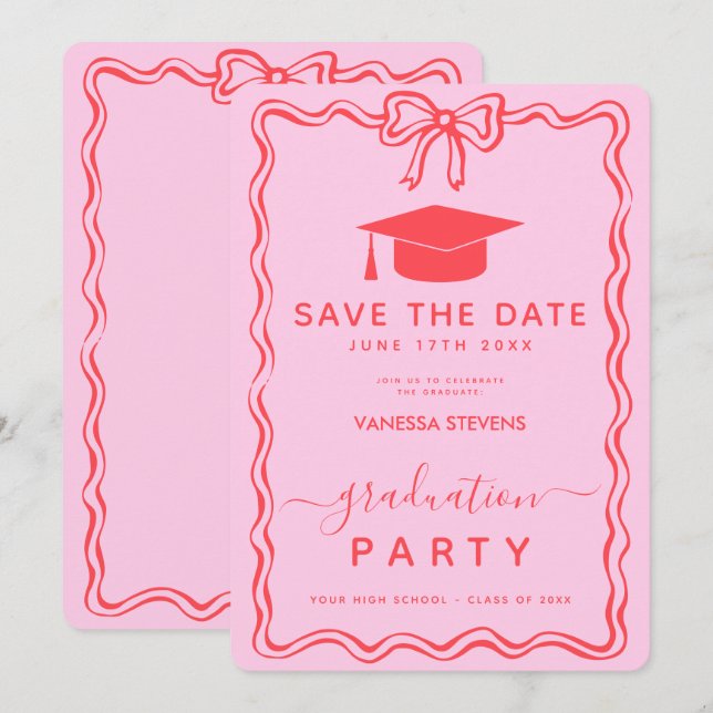 Pink Red Curve Wavy Graduation Save the Date  Invitation (Front/Back)