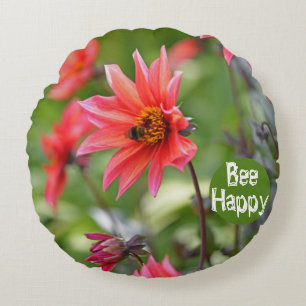 Pink & Red Dahlia Bee Happy Flowers Motivational Round Cushion